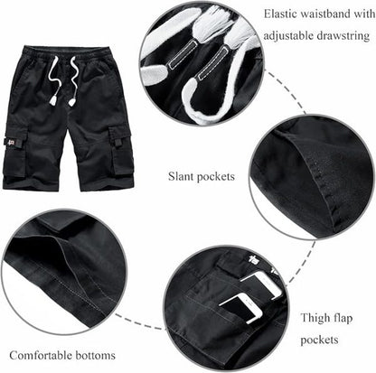 Men’s 8-Pocket Knee-Length Elastic Waist Cargo Shorts