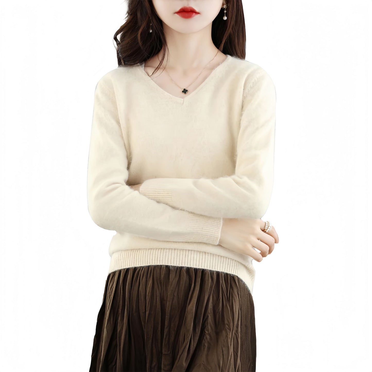 Women’s V Neck Mink Wool Sweater