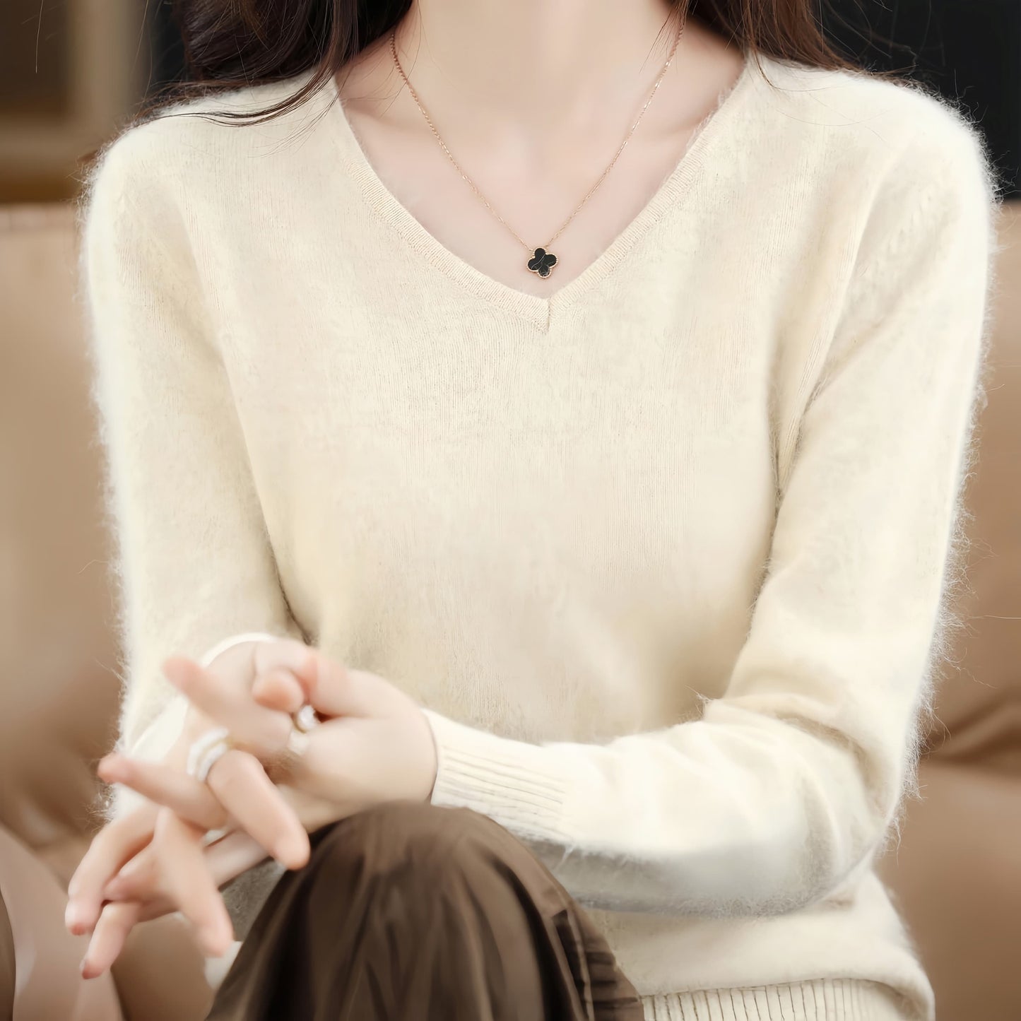 Women’s V Neck Mink Wool Sweater