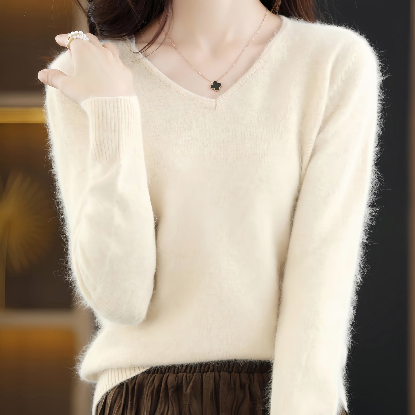 Women’s V Neck Mink Wool Sweater